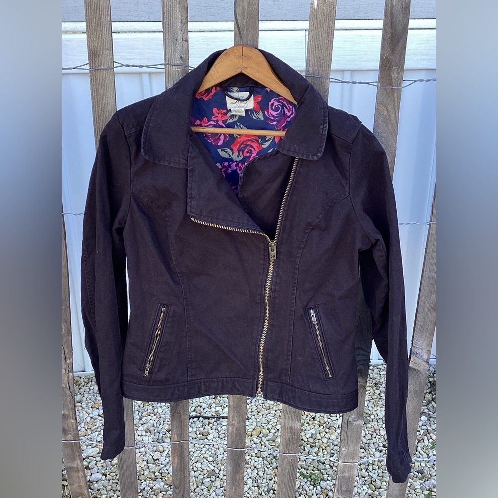 Levi’s Cotton Black Double Breasted Moto Zip Up Jacket Floral Lining size m